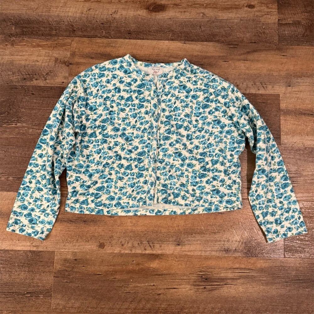 VTG AOP Blue Floral Cardigan 2 Oversized Boxy Cropped Made in USA Cottagecore